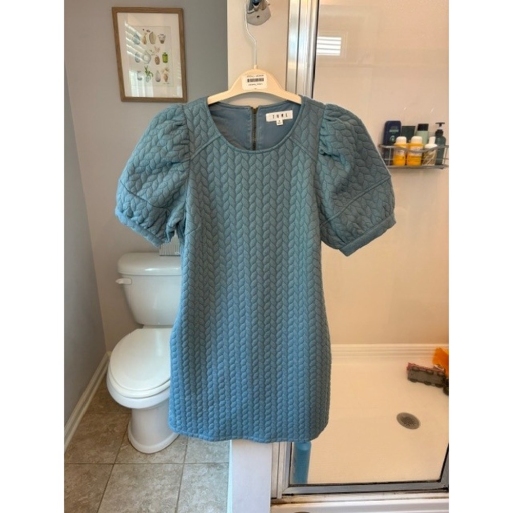 THML Blue Quilted Puff Sleeve Mini Dress Blue Textured Shift Dress‎ Small